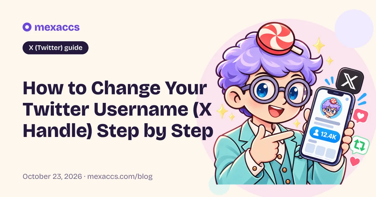 X (Twitter) guide cover: “How to Change Your Twitter Username (X Handle) Step by Step”, with the Mexaccs mascot holding a phone with an X profile