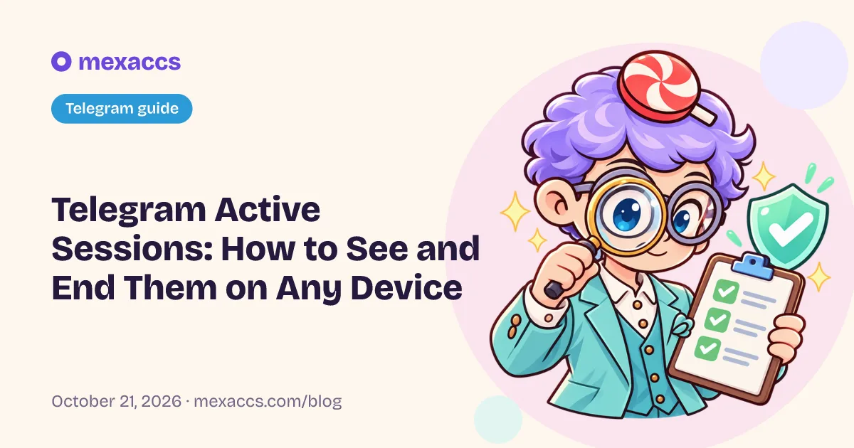 Telegram guide cover: “Telegram Active Sessions: How to See and End Them on Any Device”, with the Mexaccs mascot checking a security checklist