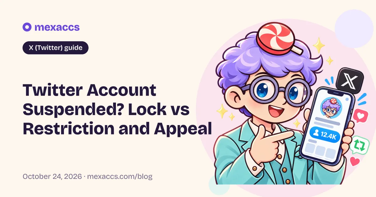 X (Twitter) guide cover: “Twitter Account Suspended? Lock vs Restriction and Appeal”, with the Mexaccs mascot holding a phone with an X profile