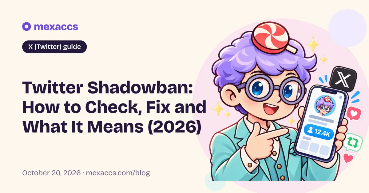 X (Twitter) guide cover: “Twitter Shadowban: How to Check, Fix and What It Means (2026)”, with the Mexaccs mascot holding a phone with an X profile