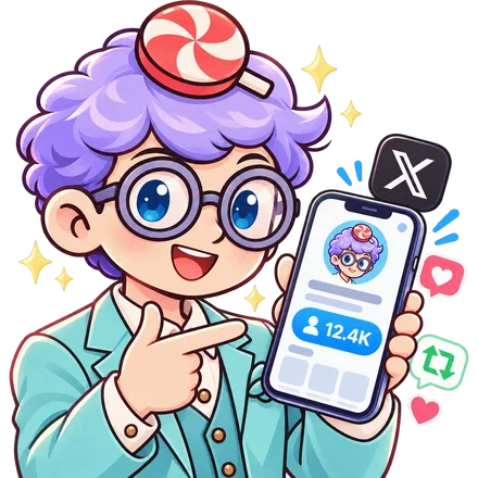 Mexaccs mascot holding a phone with an X (Twitter) profile showing 12.4K followers
