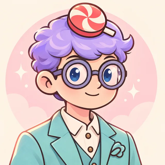The Mexaccs mascot: a cheerful character with curly purple hair, round glasses, a peppermint candy hat and a mint green suit