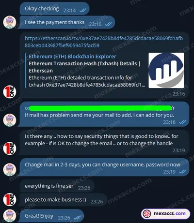 Buyer feedback screenshot posted on the Mexaccs Telegram channel on 14 Jul 2023