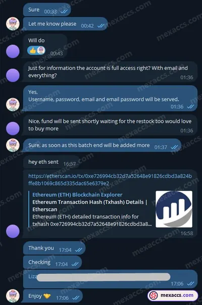 Buyer feedback screenshot posted on the Mexaccs Telegram channel on 23 Oct 2023