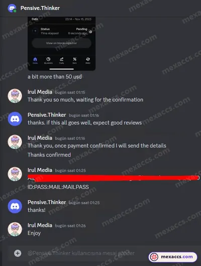 Buyer feedback screenshot posted on the Mexaccs Telegram channel on 15 Nov 2023