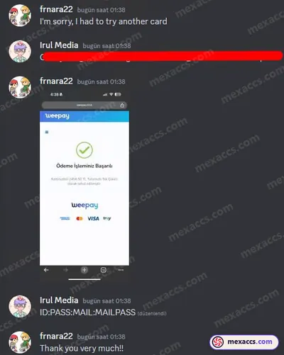 Buyer feedback screenshot posted on the Mexaccs Telegram channel on 3 Dec 2023