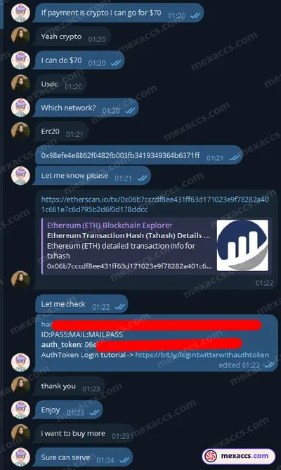Buyer feedback screenshot posted on the Mexaccs Telegram channel on 12 Dec 2023