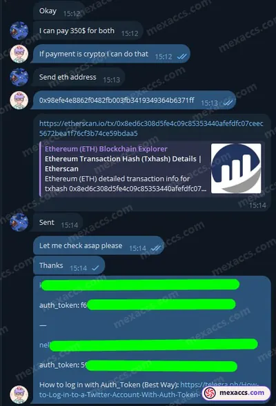 Buyer feedback screenshot posted on the Mexaccs Telegram channel on 15 Jan 2024