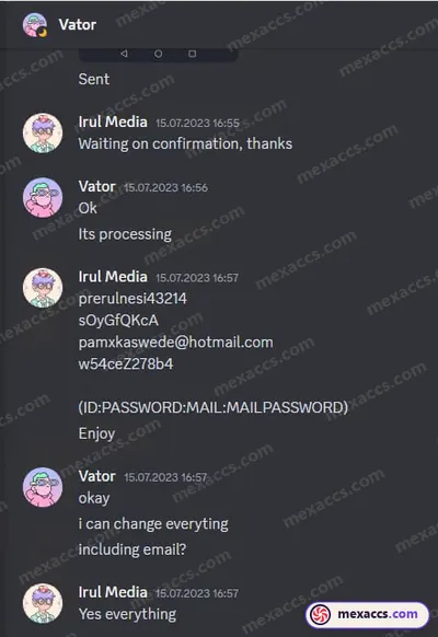 Buyer feedback screenshot posted on the Mexaccs Telegram channel on 19 Jul 2023