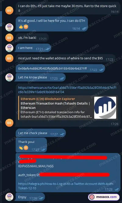 Buyer feedback screenshot posted on the Mexaccs Telegram channel on 15 Feb 2024