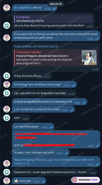 Buyer feedback screenshot posted on the Mexaccs Telegram channel on 25 Mar 2024