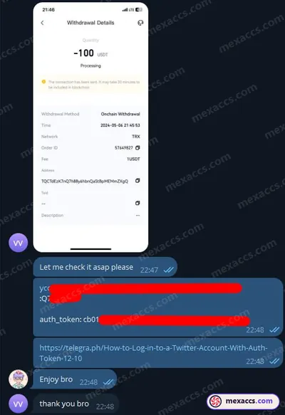 Buyer feedback screenshot posted on the Mexaccs Telegram channel on 6 May 2024