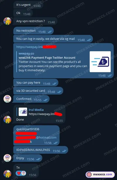 Buyer feedback screenshot posted on the Mexaccs Telegram channel on 20 Jul 2023