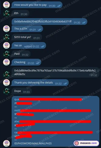 Buyer feedback screenshot posted on the Mexaccs Telegram channel on 20 Jul 2023