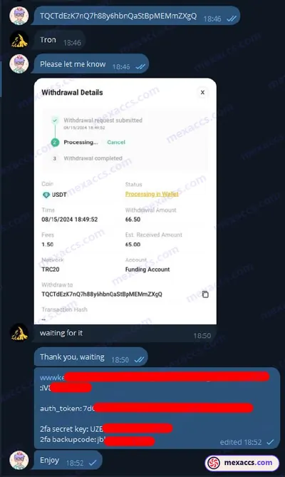 Buyer feedback screenshot posted on the Mexaccs Telegram channel on 15 Aug 2024
