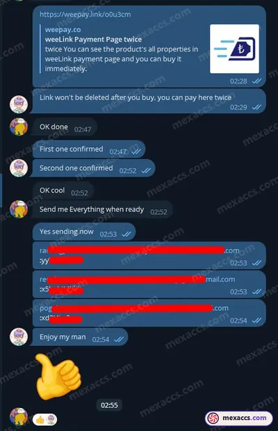 Buyer feedback screenshot posted on the Mexaccs Telegram channel on 23 Jul 2023