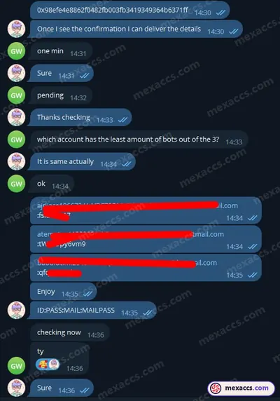 Buyer feedback screenshot posted on the Mexaccs Telegram channel on 23 Jul 2023