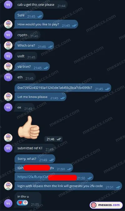 Buyer feedback screenshot posted on the Mexaccs Telegram channel on 2 Oct 2024