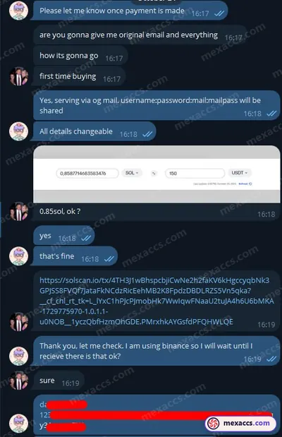 Buyer feedback screenshot posted on the Mexaccs Telegram channel on 24 Oct 2024