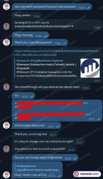 Buyer feedback screenshot posted on the Mexaccs Telegram channel on 26 Jul 2023