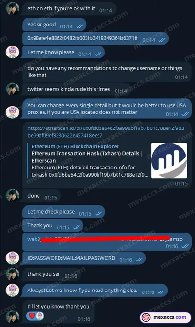 Buyer feedback screenshot posted on the Mexaccs Telegram channel on 27 Jul 2023