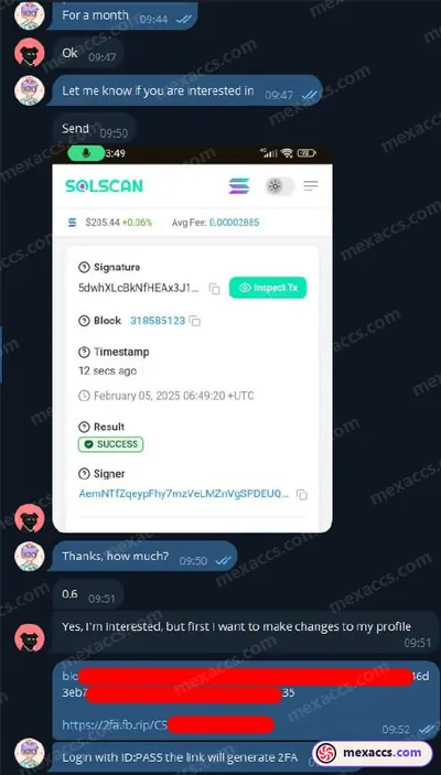 Buyer feedback screenshot posted on the Mexaccs Telegram channel on 5 Feb 2025