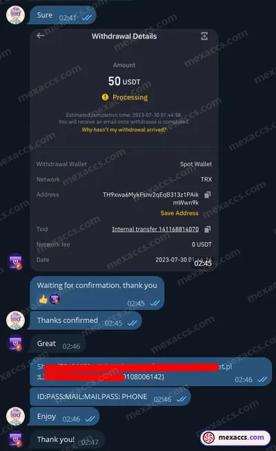 Buyer feedback screenshot posted on the Mexaccs Telegram channel on 29 Jul 2023