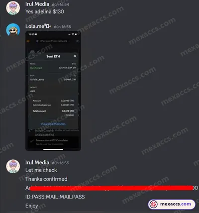 Buyer feedback screenshot posted on the Mexaccs Telegram channel on 30 Jul 2023