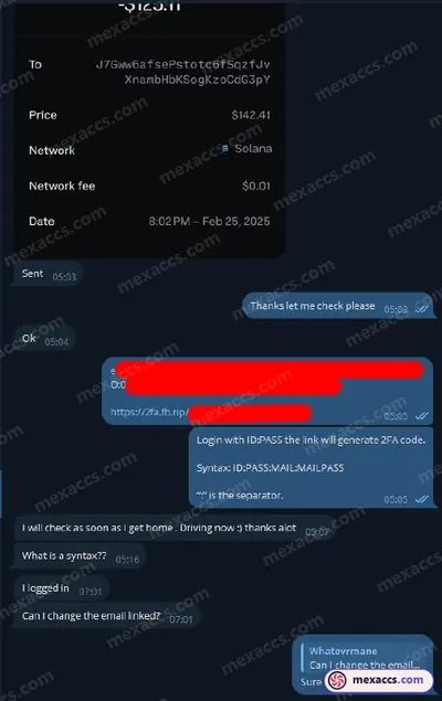 Buyer feedback screenshot posted on the Mexaccs Telegram channel on 26 Feb 2025 (2k account has been sold)