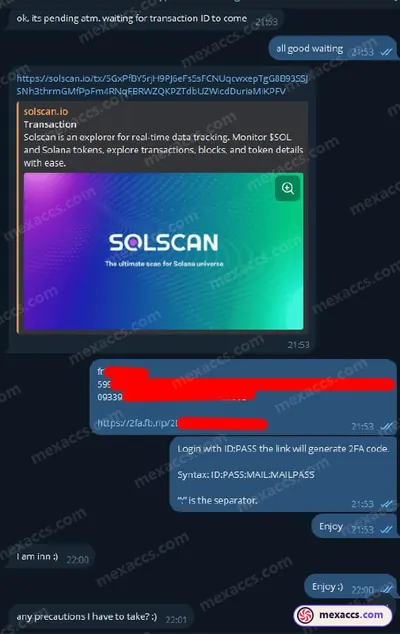 Buyer feedback screenshot posted on the Mexaccs Telegram channel on 23 Mar 2025 (31k account has been sold)