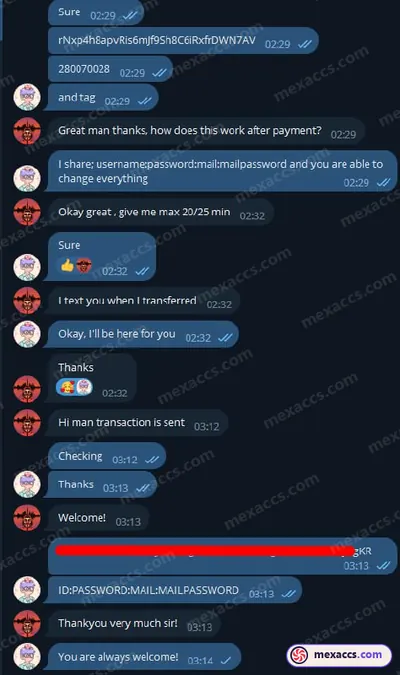 Buyer feedback screenshot posted on the Mexaccs Telegram channel on 31 Jul 2023