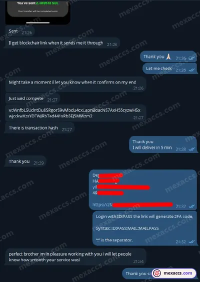 Buyer feedback screenshot posted on the Mexaccs Telegram channel on 31 Mar 2025 (10k account has been sold)