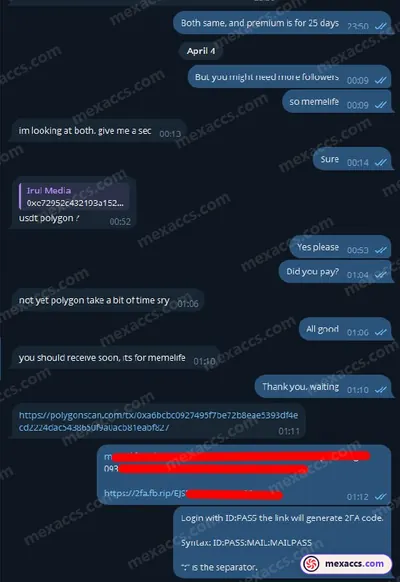 Buyer feedback screenshot posted on the Mexaccs Telegram channel on 5 Apr 2025 (2k account has been sold)