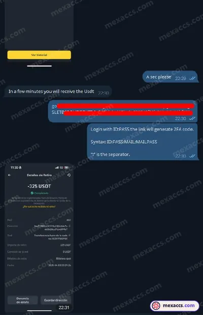 Buyer feedback screenshot posted on the Mexaccs Telegram channel on 5 Apr 2025 (10k account has been sold)
