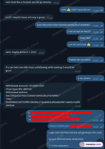 Buyer feedback screenshot posted on the Mexaccs Telegram channel on 13 Apr 2025 (2k account has been sold)