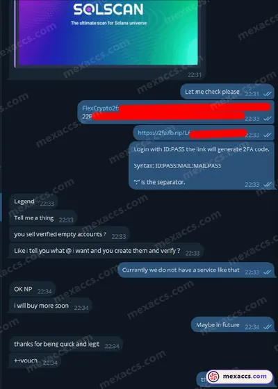 Buyer feedback screenshot posted on the Mexaccs Telegram channel on 13 Apr 2025 (2k account has been sold)