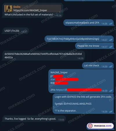 Buyer feedback screenshot posted on the Mexaccs Telegram channel on 16 Apr 2025 (2k account has been sold)