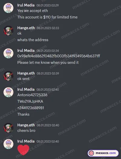 Buyer feedback screenshot posted on the Mexaccs Telegram channel on 12 Jul 2023