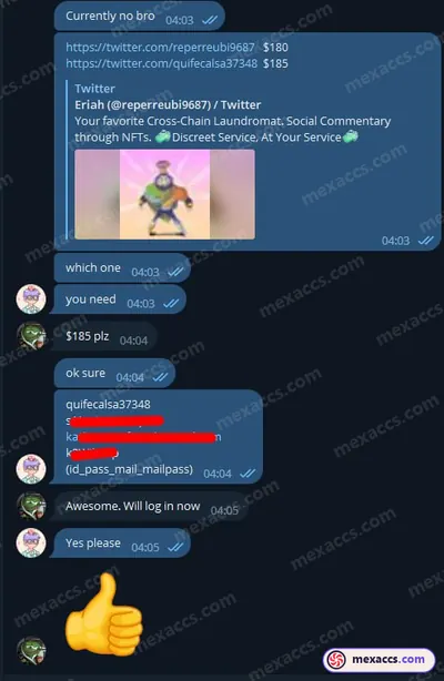Buyer feedback screenshot posted on the Mexaccs Telegram channel on 1 Aug 2023