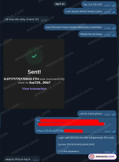 Buyer feedback screenshot posted on the Mexaccs Telegram channel on 24 Apr 2025 (2k account has been sold)