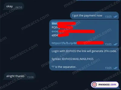 Buyer feedback screenshot posted on the Mexaccs Telegram channel on 1 May 2025 (2k account has been sold)