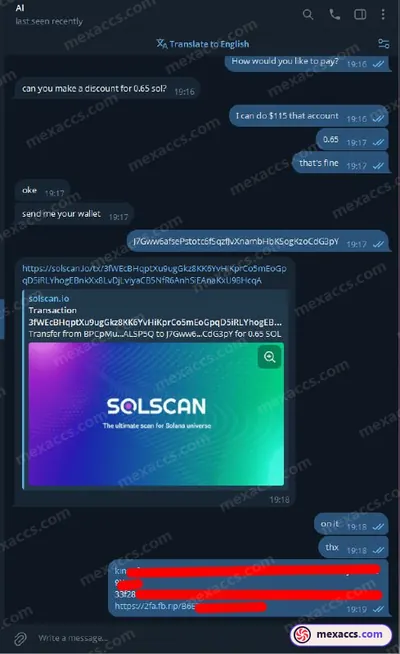 Buyer feedback screenshot posted on the Mexaccs Telegram channel on 14 May 2025 (2k account has been sold)