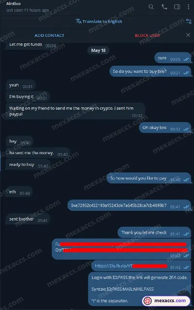 Buyer feedback screenshot posted on the Mexaccs Telegram channel on 19 May 2025 (2k account has been sold)