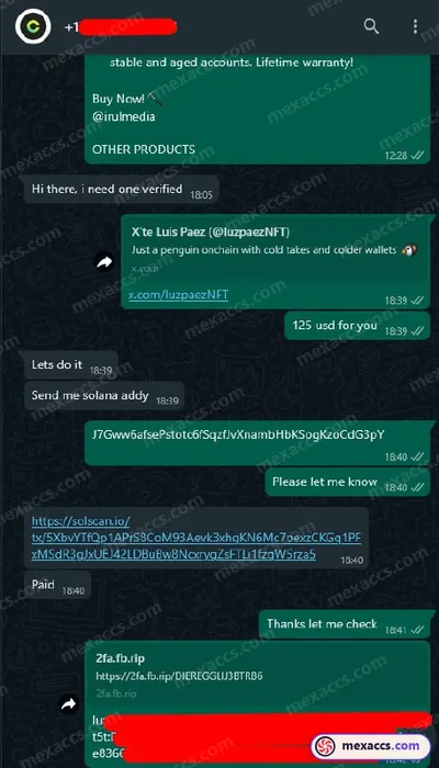Buyer feedback screenshot posted on the Mexaccs Telegram channel on 19 May 2025 (2k account has been sold)