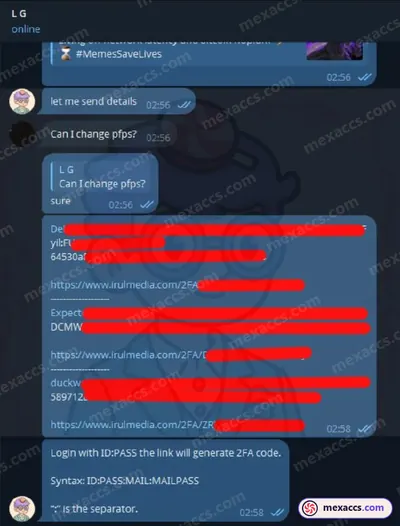 Buyer feedback screenshot posted on the Mexaccs Telegram channel on 22 May 2025 (2x 2k & 1x 3k account has been sold)