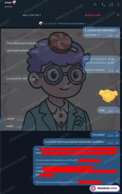 Buyer feedback screenshot posted on the Mexaccs Telegram channel on 28 May 2025 (2x 2k account has been sold)