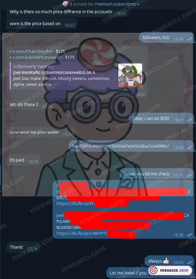 Buyer feedback screenshot posted on the Mexaccs Telegram channel on 28 May 2025 (2x 2k account has been sold)