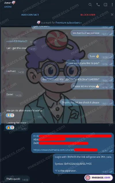 Buyer feedback screenshot posted on the Mexaccs Telegram channel on 28 May 2025 (1x 2k account has been sold)