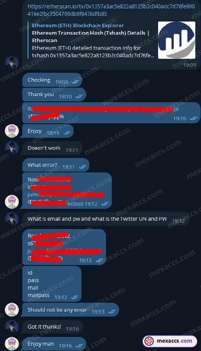 Buyer feedback screenshot posted on the Mexaccs Telegram channel on 6 Aug 2023