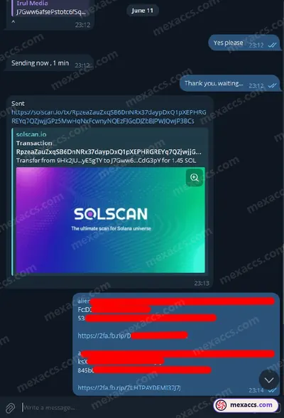 Buyer feedback screenshot posted on the Mexaccs Telegram channel on 11 Jun 2025 (2x 2k account has been sold)